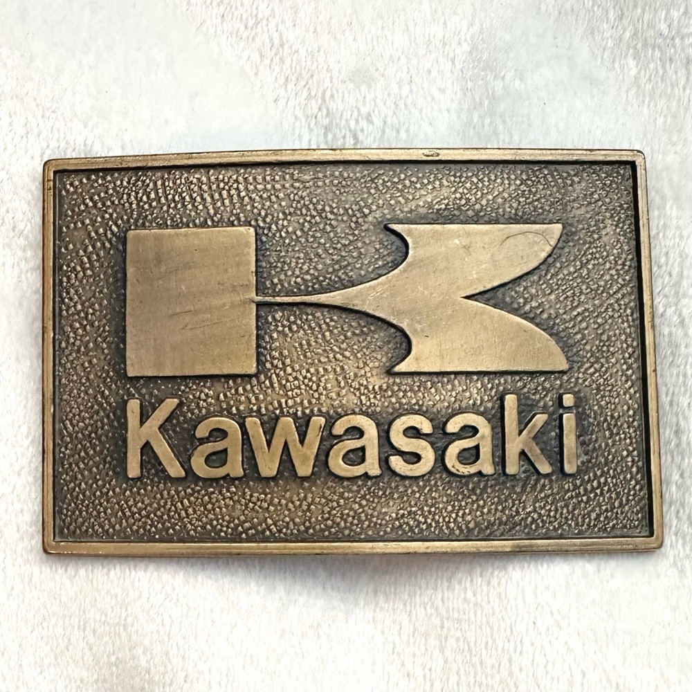 Vintage 1978 Kawasaki Brass Belt Buckle Big K Logo Embossed Textured Motorcycle